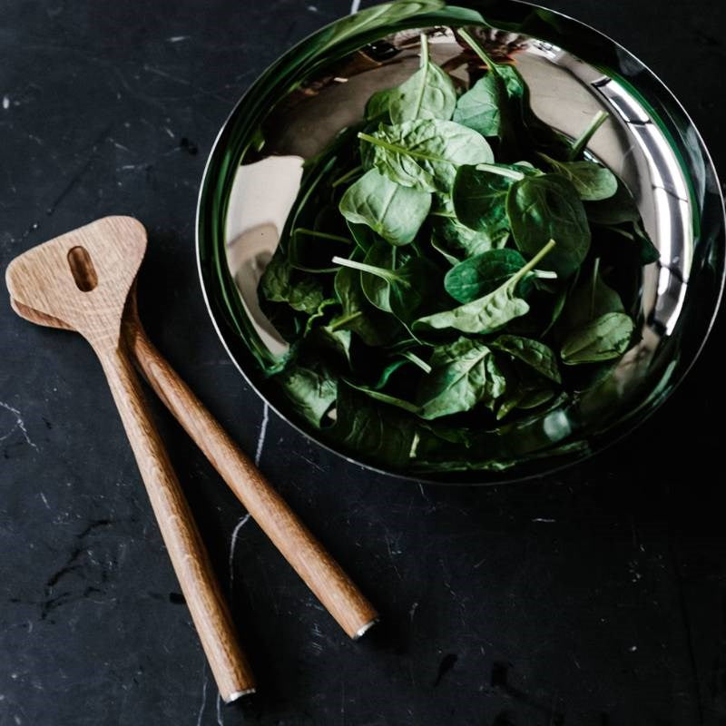 Alfredo Salad Bowl and Servers, mirror polished stainless steel and mirror oak wood