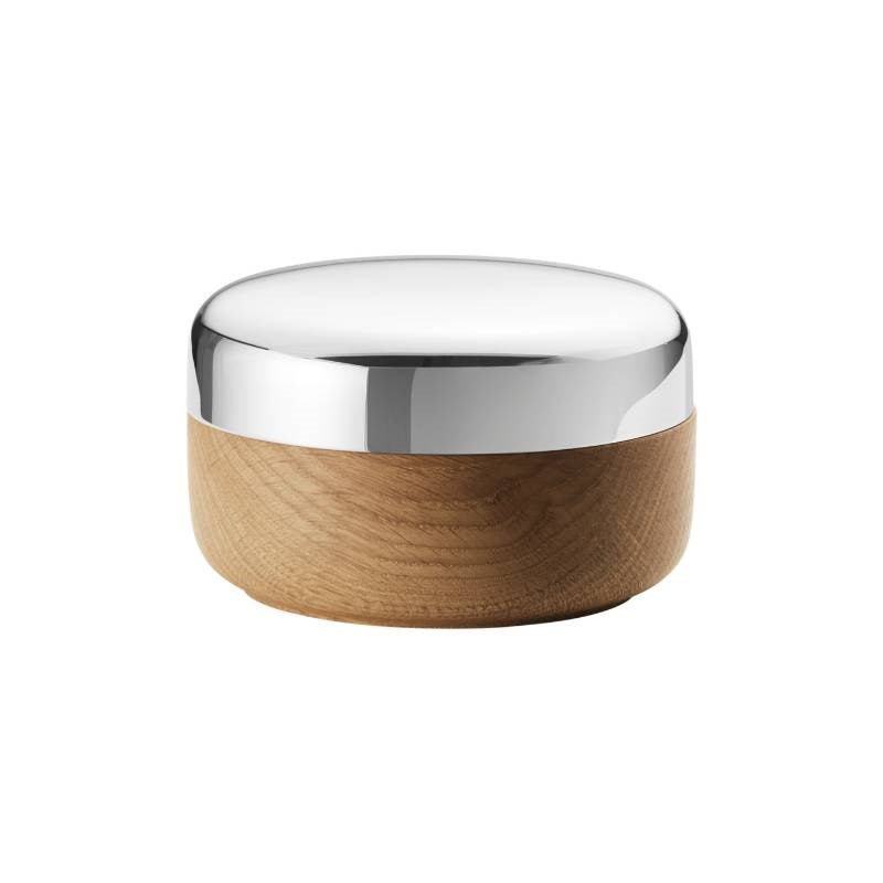 Alfredo Salt Jar, mirror polished stainless steel and mirror oak wood