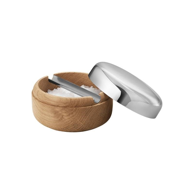 Alfredo Salt Jar, mirror polished stainless steel and mirror oak wood