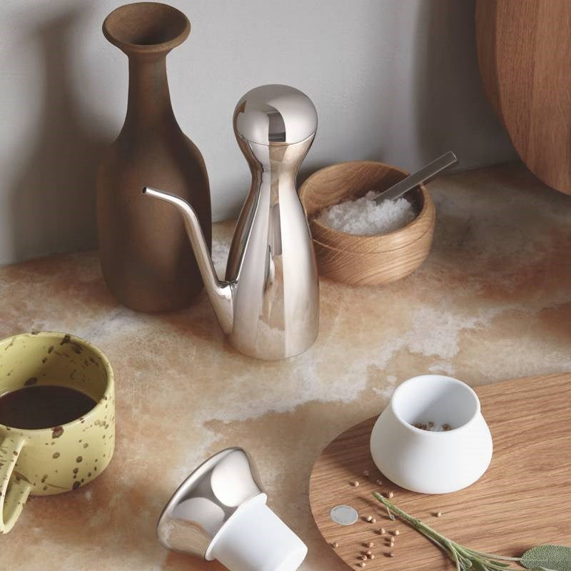 Alfredo Salt Jar, mirror polished stainless steel and mirror oak wood