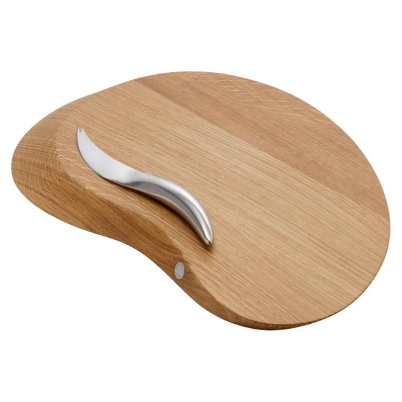 Forma Cheese Board and Knife Set, matte stainless steel and mirror oak wood