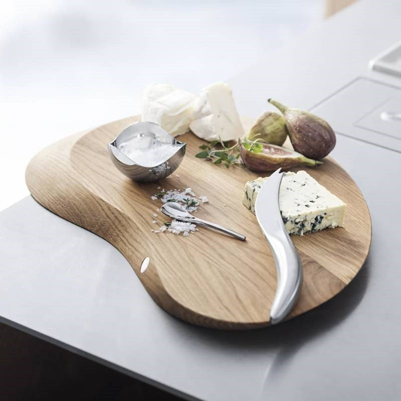 Forma Cheese Board and Knife Set, matte stainless steel and mirror oak wood