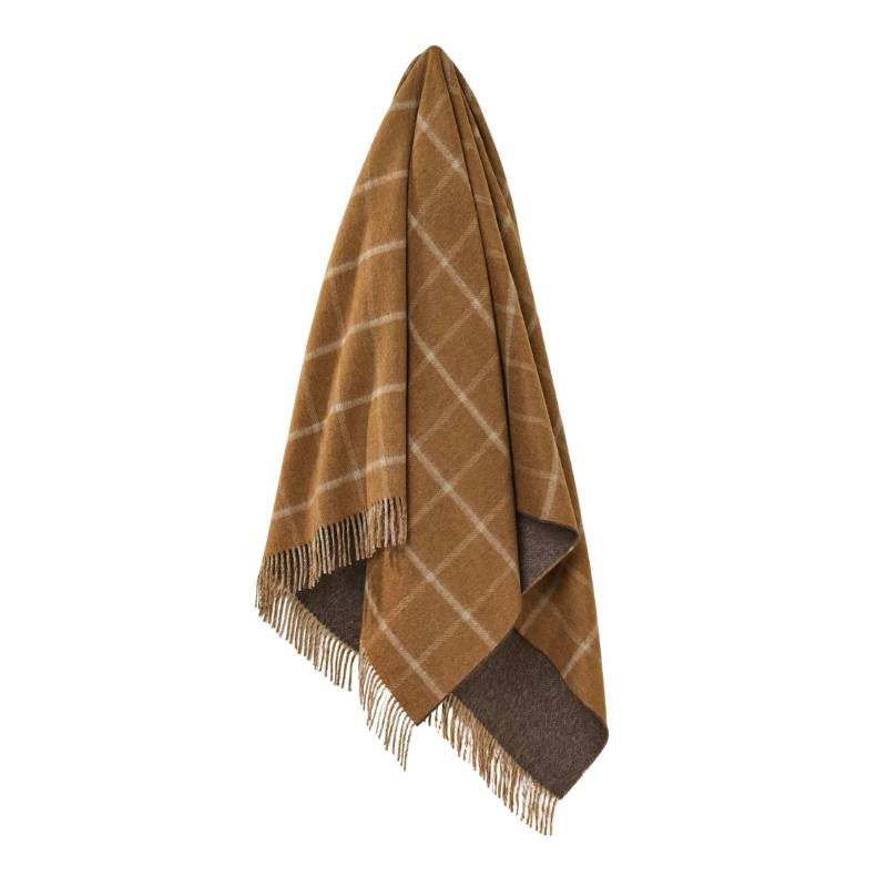Herringbone Check Double Sided Merino Wool Throw 185x140cm in camel, chocolate