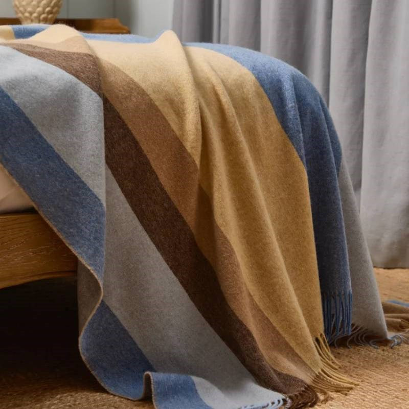 Block Stripe Merino Wool Throw 185x140cm in yellow and blue