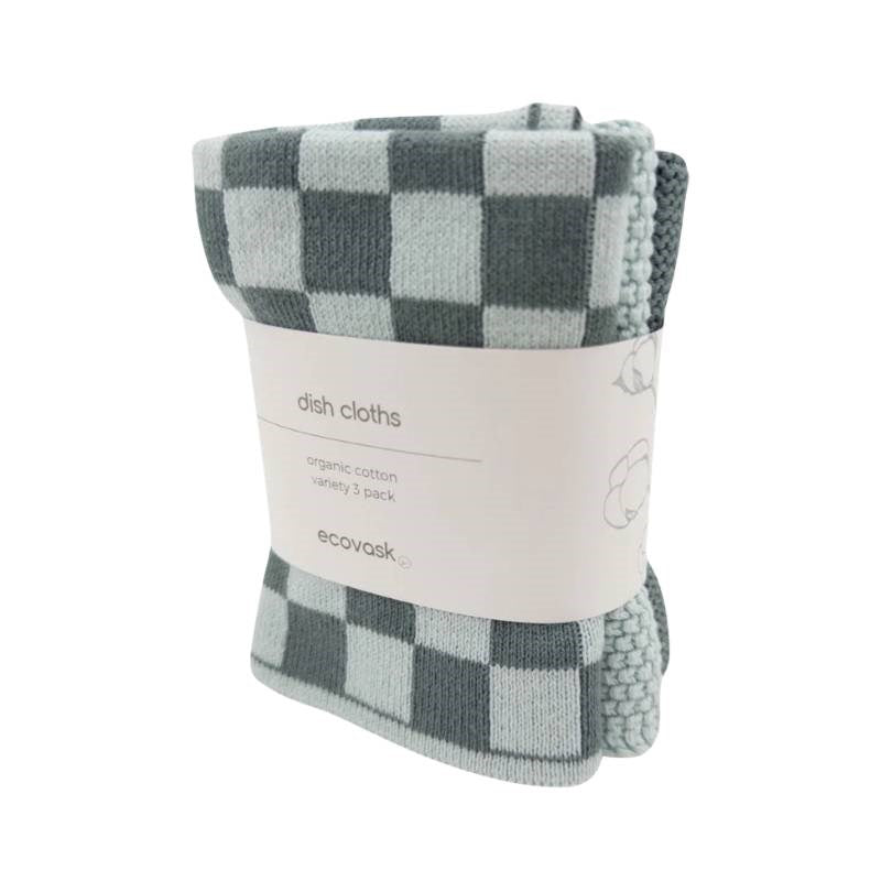 Sea Foam Chequer Organic Knitted Dishcloths - set of 3 in duckegg