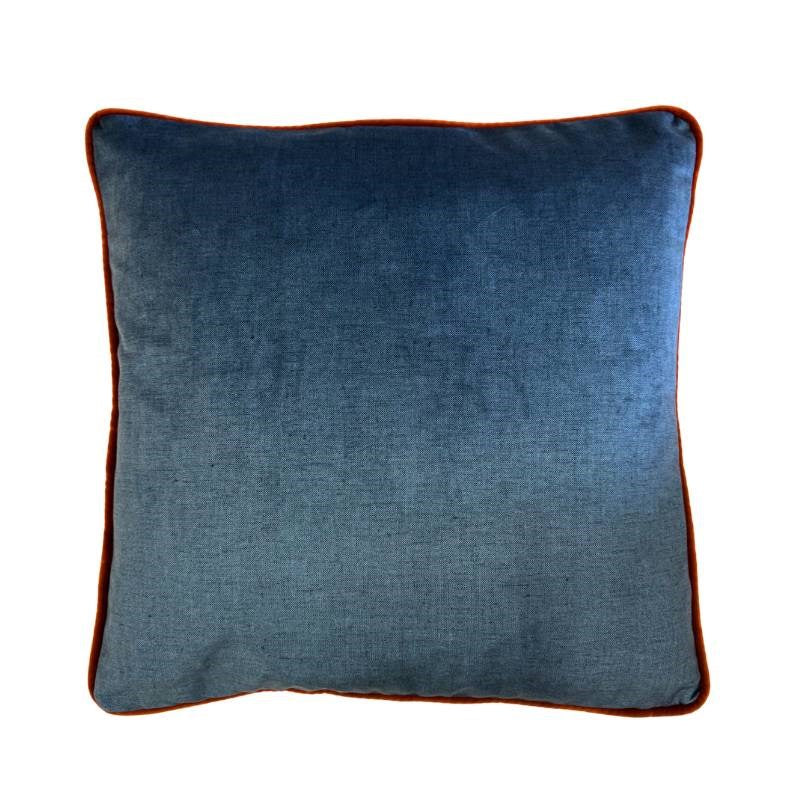 Saluzzo Piped Cushion Cover 50cm in denim and grey with tangerine piping