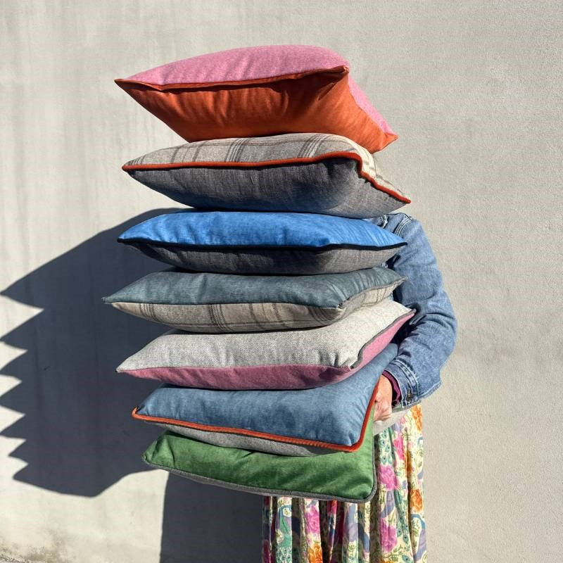 Saluzzo Piped Cushion Cover 50cm in denim and grey with tangerine piping