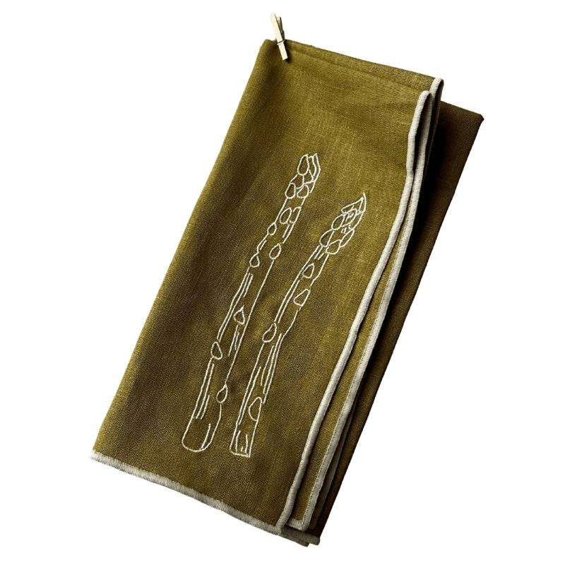 Linen Blend Embroidered Napkins, set of two, in asparagus