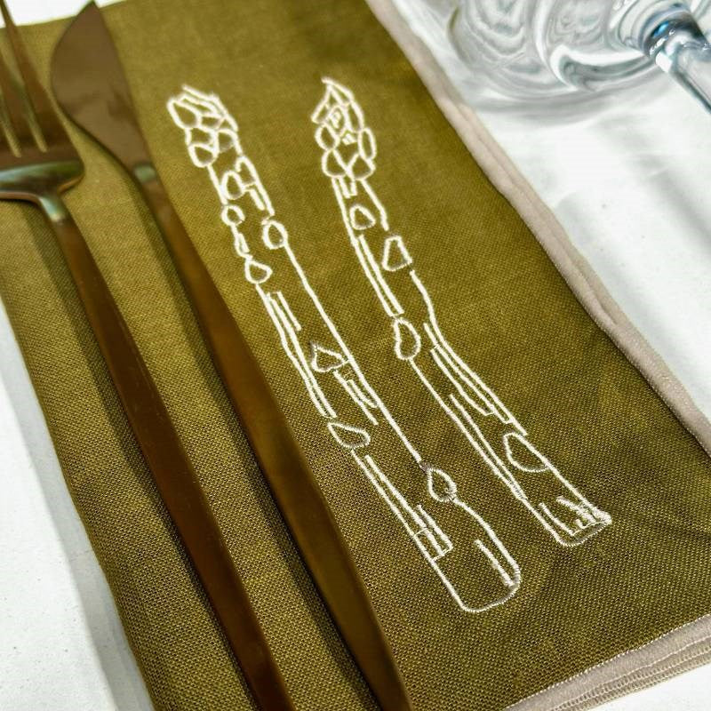 Linen Blend Embroidered Napkins, set of two, in asparagus
