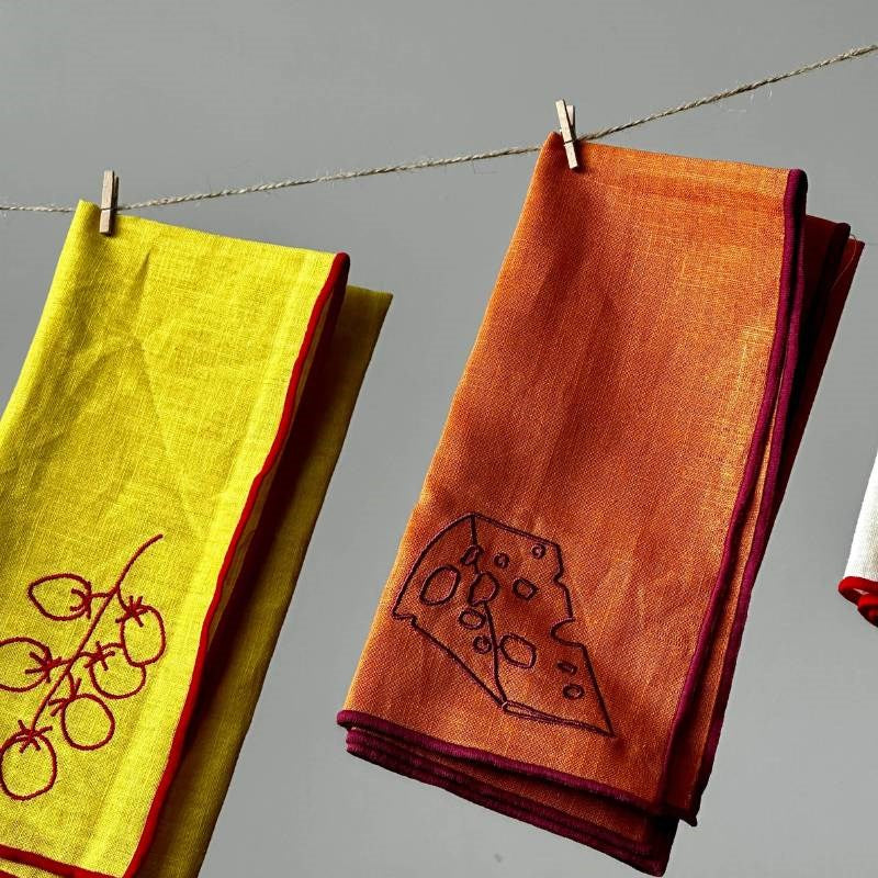 Linen Blend Embroidered Napkins, set of two, in cheese