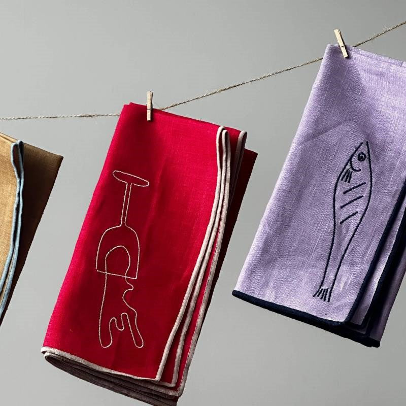 Linen Blend Embroidered Napkins, set of two, in fish