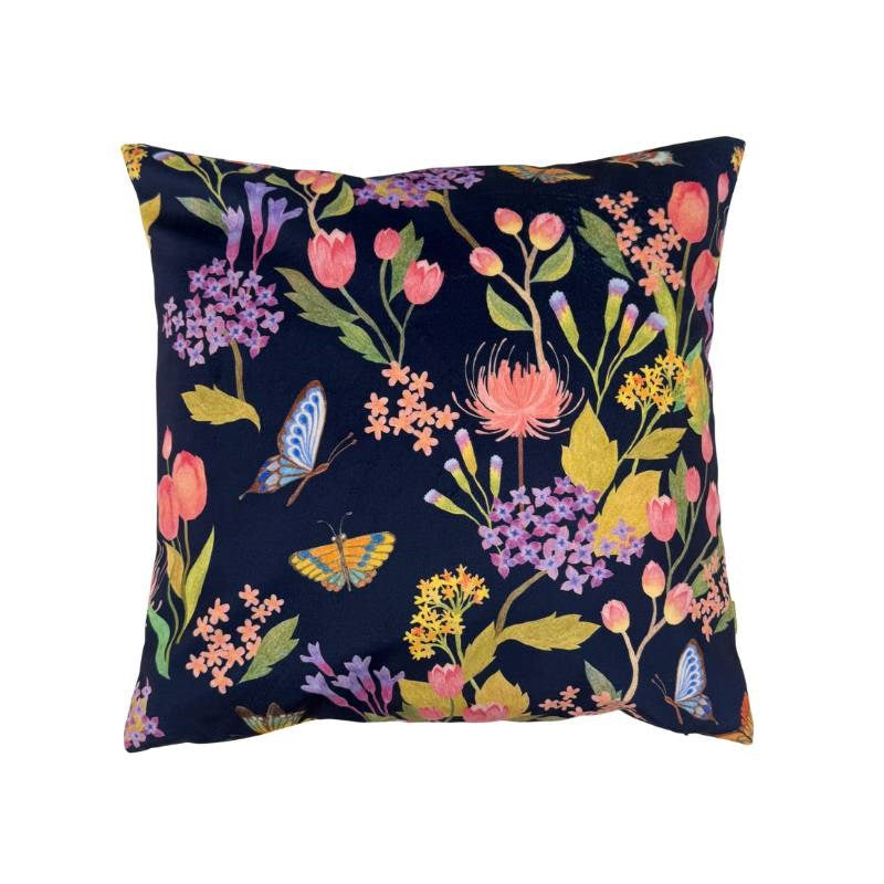 Butterfly Garden Velvet Cushion Cover 43cm in Prussian