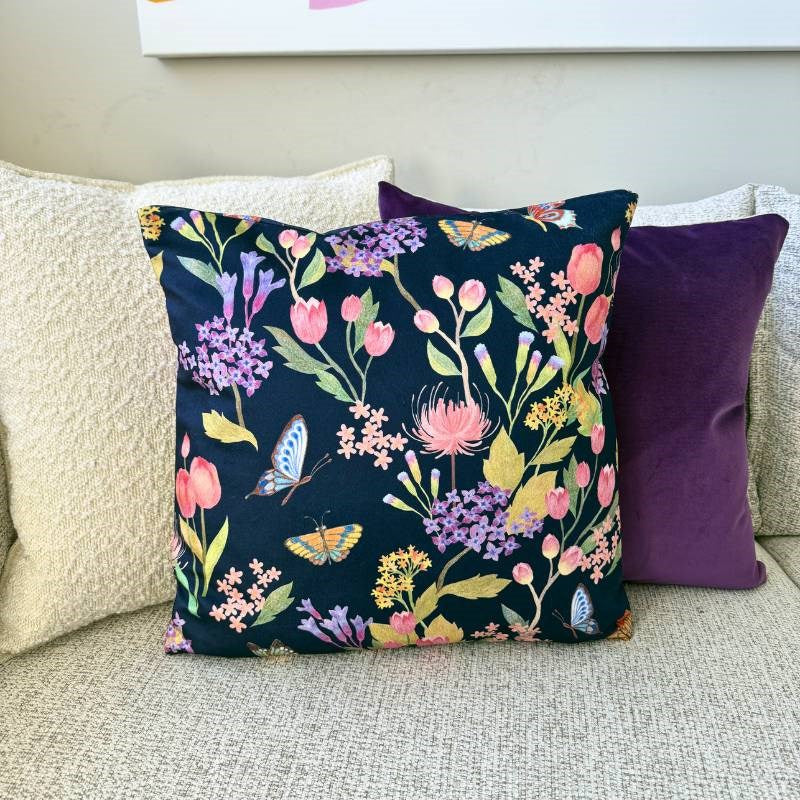 Butterfly Garden Velvet Cushion Cover 43cm in Prussian