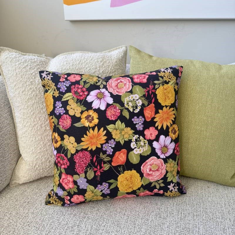 Vintage Floral Cotton Cushion Cover 45cm in black