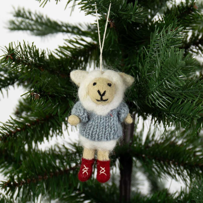 Sheep in Red Boots Felted Ornament