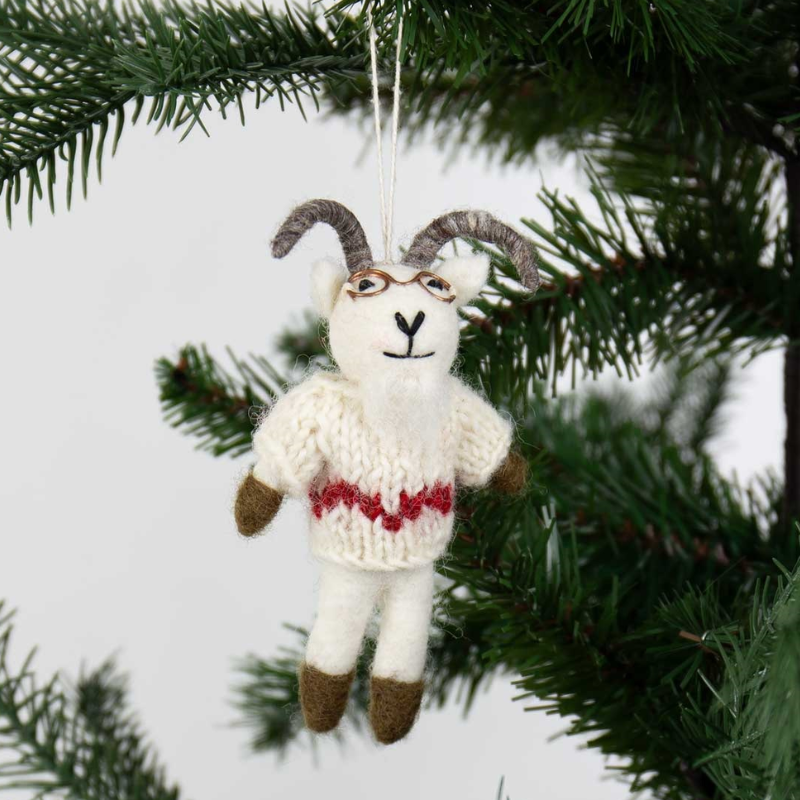 Goat with Glasses Felted Ornament