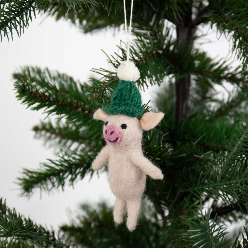 Pig with Green Top Hat Felted Ornament
