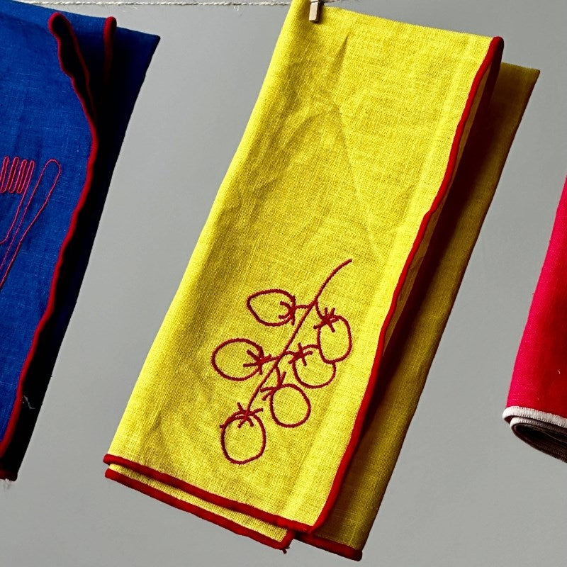 Linen Blend Embroidered Napkins, set of two, in vine tomatoes