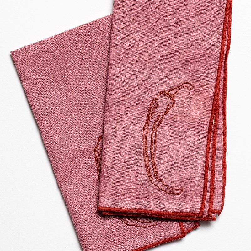 Linen Blend Embroidered Napkins, set of two, in chilli