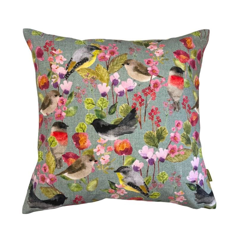 Winter Birds in the Garden Cotton Cushion Cover 45cm in duck egg