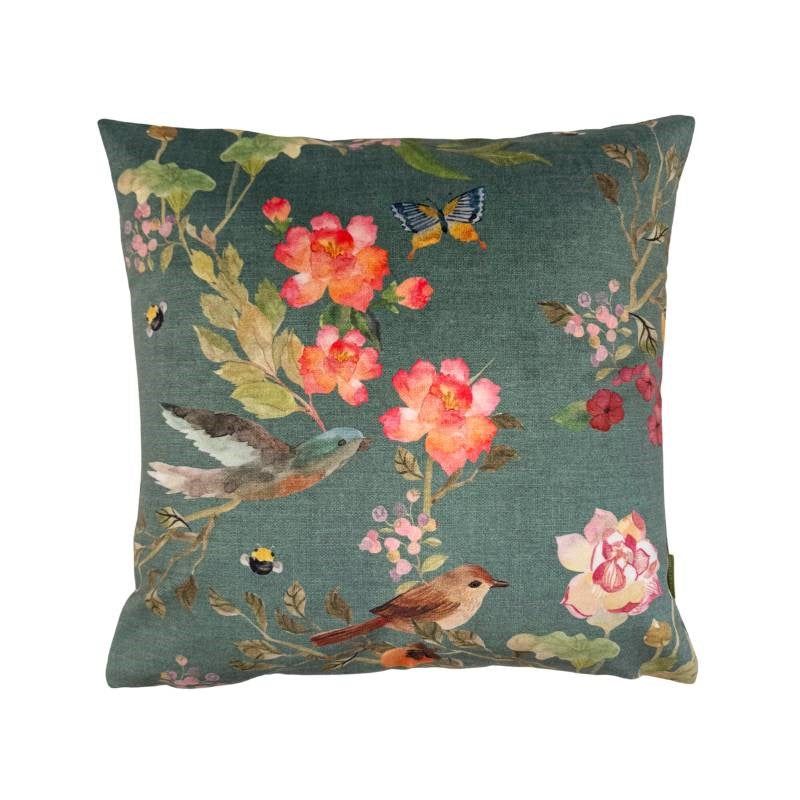Garden Chinoiserie Velvet Cushion Cover 43cm in turquoise green