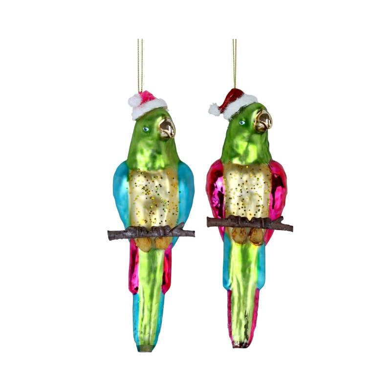 Glass Christmas Decorations, Parrots, set of 2