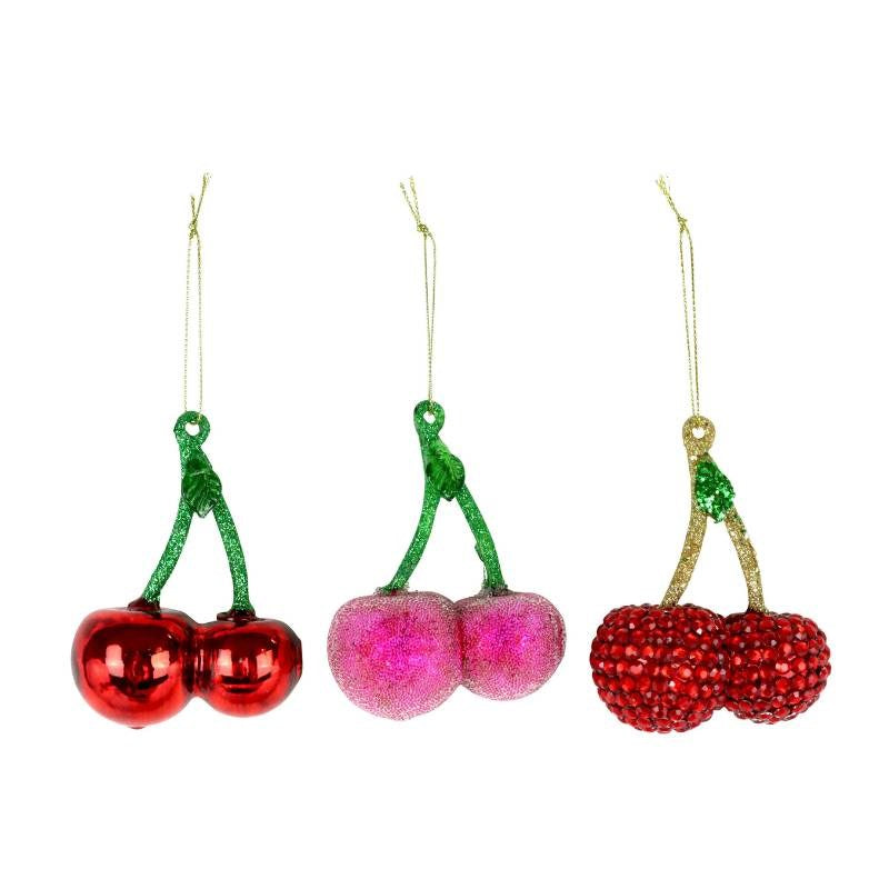 Glass Christmas Decorations, Cherry, set of 6