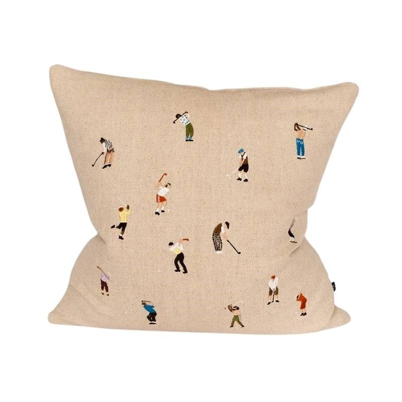 Golfers Embroidered Cushion Cover in natural, 48cm