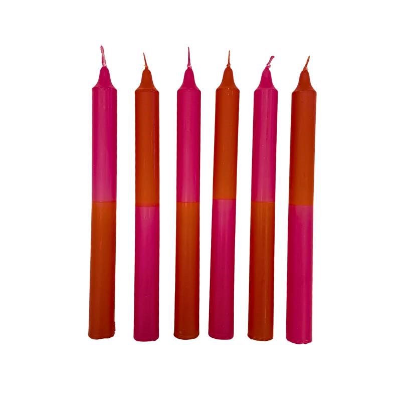 TWO TONE Taper Candle 240mm set of 6: 3x Burnt Orange/Hot Pink, 3x Hot Pink/Burnt Orange