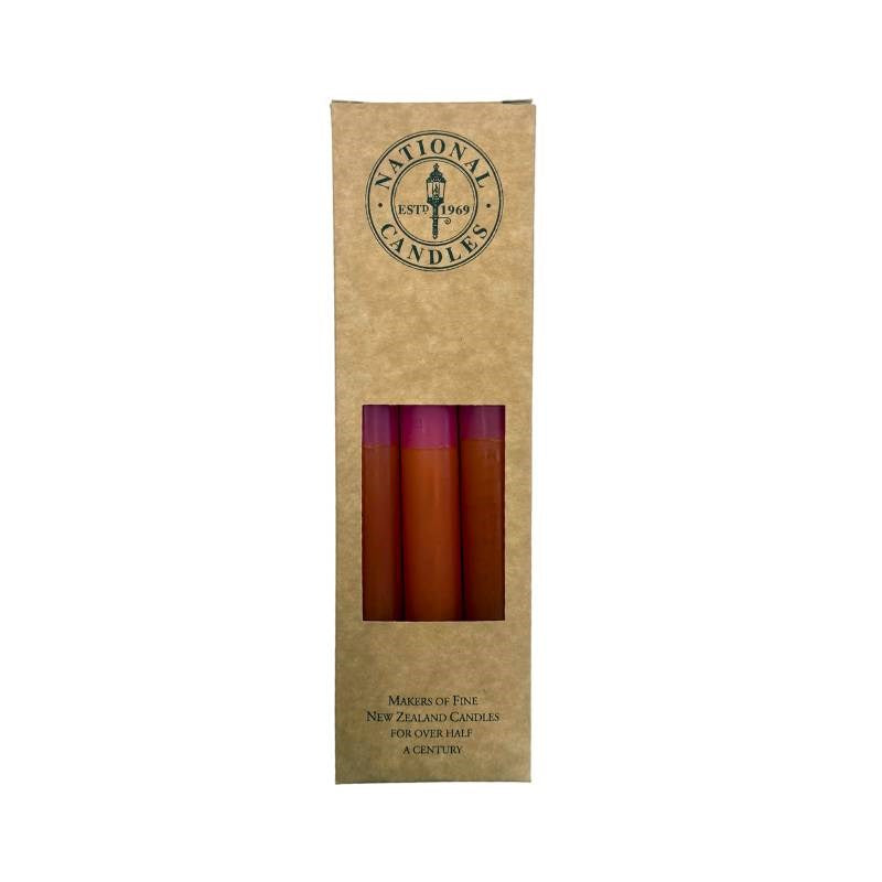 TWO TONE Taper Candle 240mm set of 6: 3x Burnt Orange/Hot Pink, 3x Hot Pink/Burnt Orange