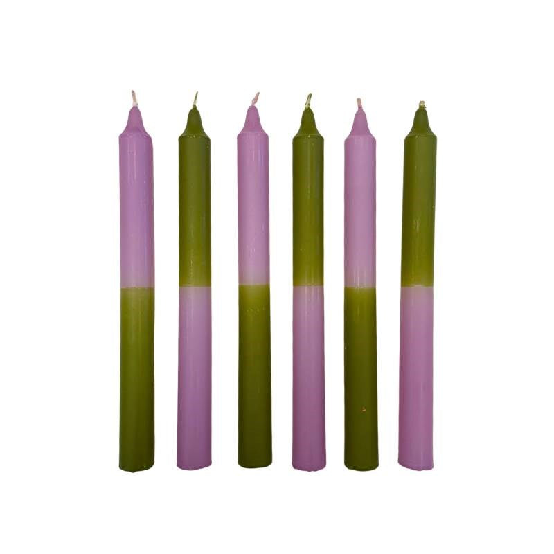 TWO TONE Taper Candle 240mm set of 6: 3x Pistachio/Bloom, 3x Bloom/Pistachio