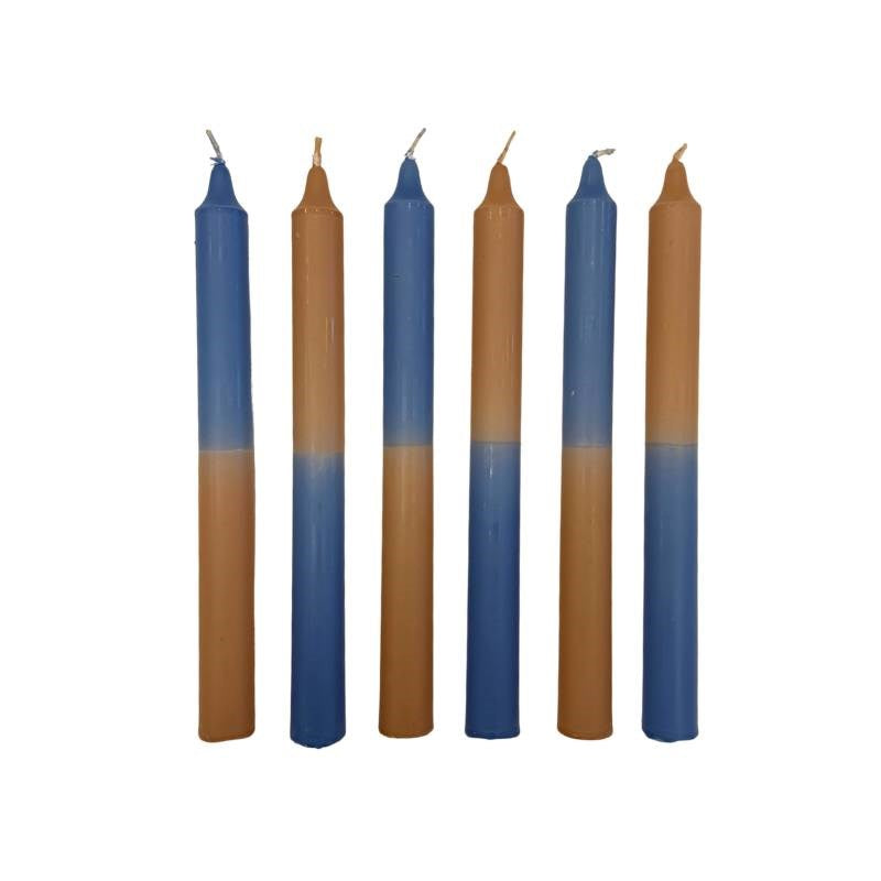 TWO TONE Taper Candle 240mm set of 6: 3x Almond/Lake Blue, 3x Lake Blue/Almond
