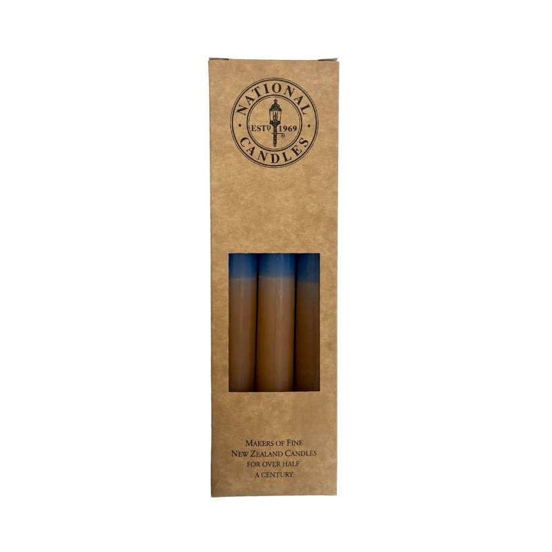 TWO TONE Taper Candle 240mm set of 6: 3x Almond/Lake Blue, 3x Lake Blue/Almond
