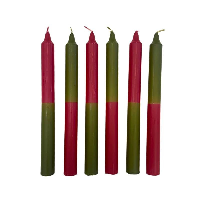 TWO TONE Taper Candle 240mm set of 6: 3x Cherry/Olive, 3x Olive/Cherry