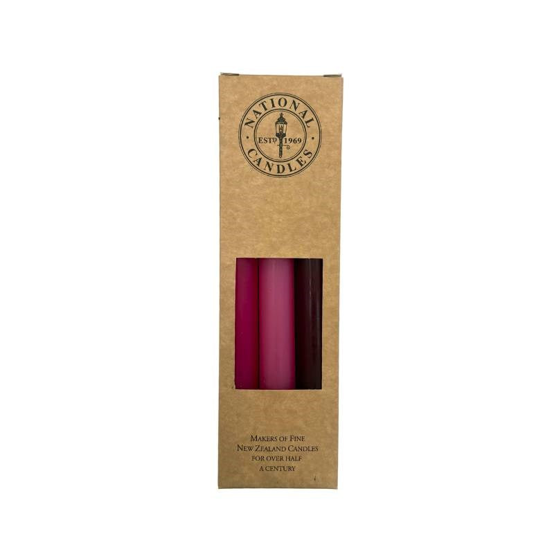 Pinks and Purples Taper Candle 240mm set of 6 in Bloom, Lilac, Purple, Hot Pink, Rose, Plum