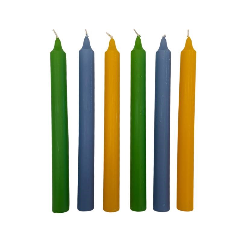 Sunrise Taper Candle 240mm set of 6 in Lime, Lake Blue, Yellow