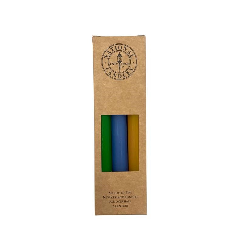 Sunrise Taper Candle 240mm set of 6 in Lime, Lake Blue, Yellow