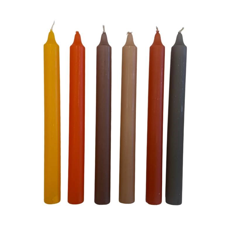 The 70s Taper Candle 240mm set of 6 in Mocha, Almond, Burnt Orange, Yellow, Orange, Stone