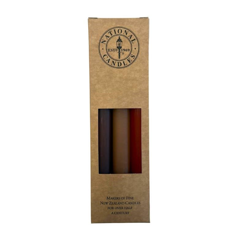 The 70s Taper Candle 240mm set of 6 in Mocha, Almond, Burnt Orange, Yellow, Orange, Stone