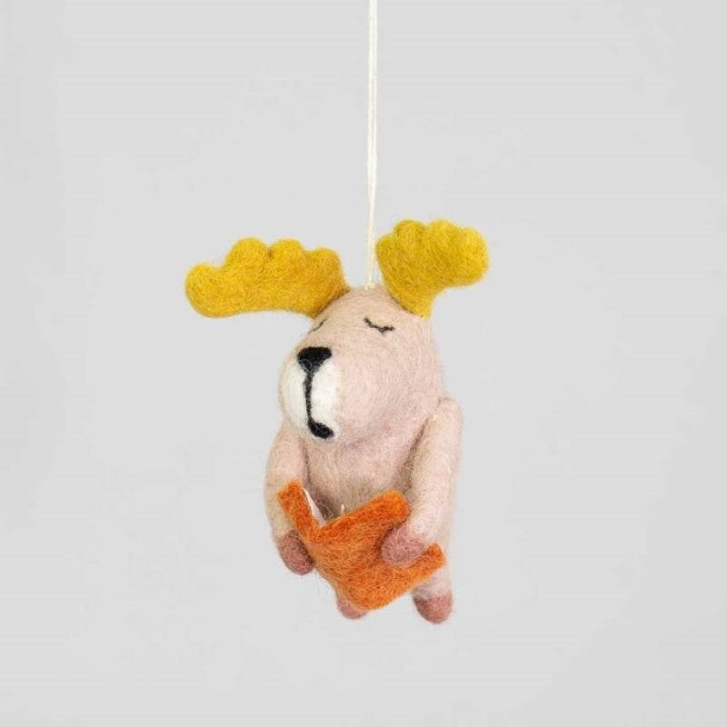 Reading Moose Felted Ornament