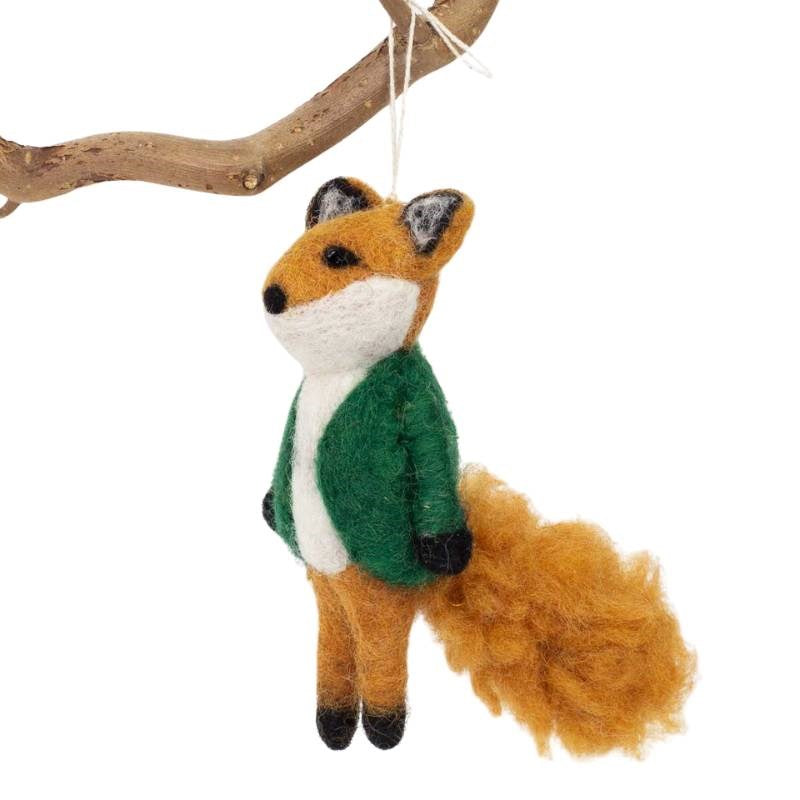 Fox in Green Jacket Felted Ornament