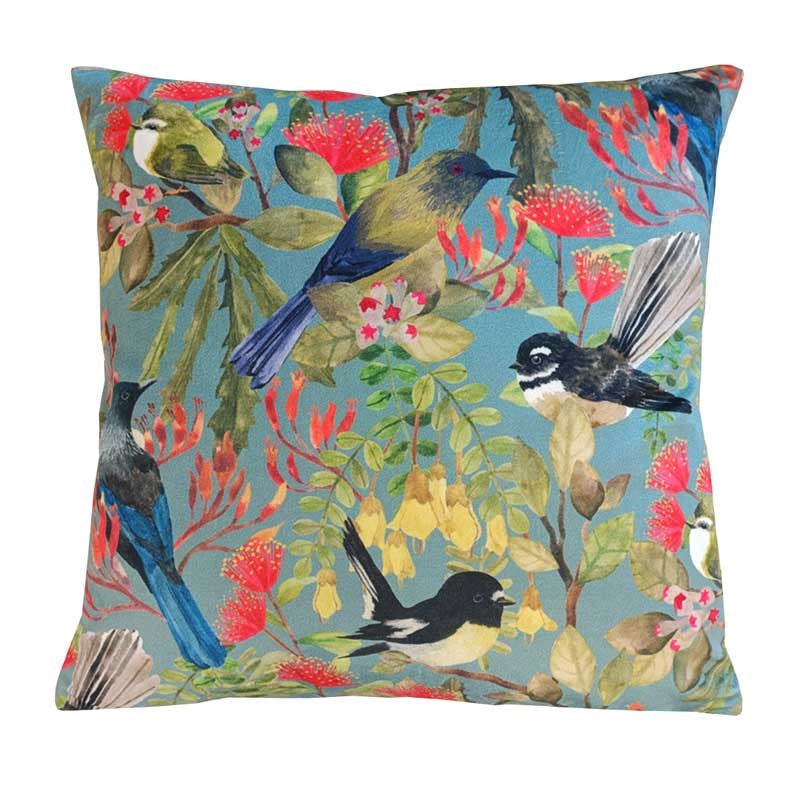 Land of Birds and Blooms Velvet Cushion Cover 43cm in duck egg