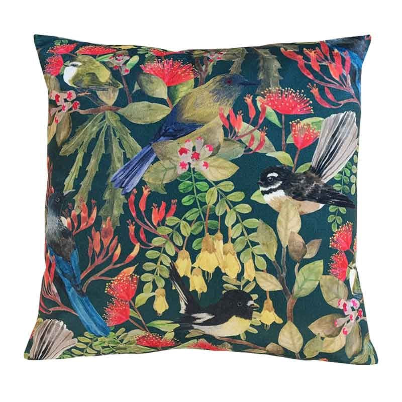 Land of Birds and Blooms Velvet Cushion Cover 43cm in forest