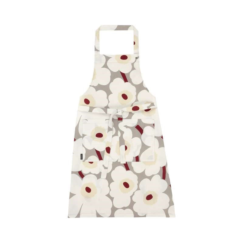 Pieni Unikko apron in light grey, white, red, yellow