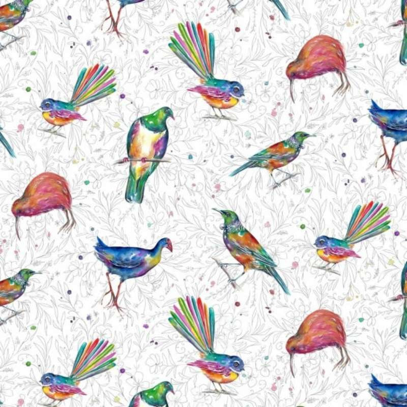 Splash of Colour Birds Fabric in white