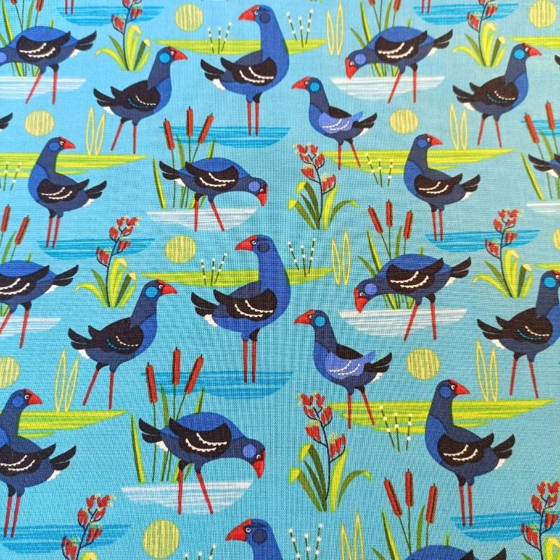 Early Birds Pukeko Fabric in turquoise