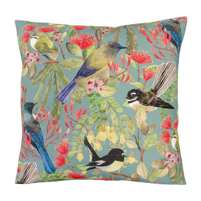 Land of Birds and Blooms Cotton Cushion Cover 45cm in duck egg