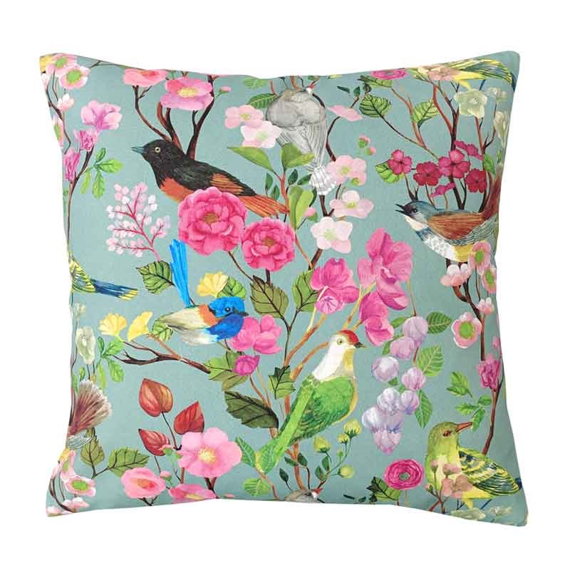 Bird and Blooms Chinoiserie Cotton Cushion Cover 45cm in duck egg