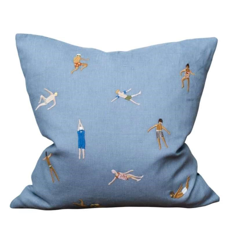 Swimmers Embroidered Cushion Cover 45cm in blue