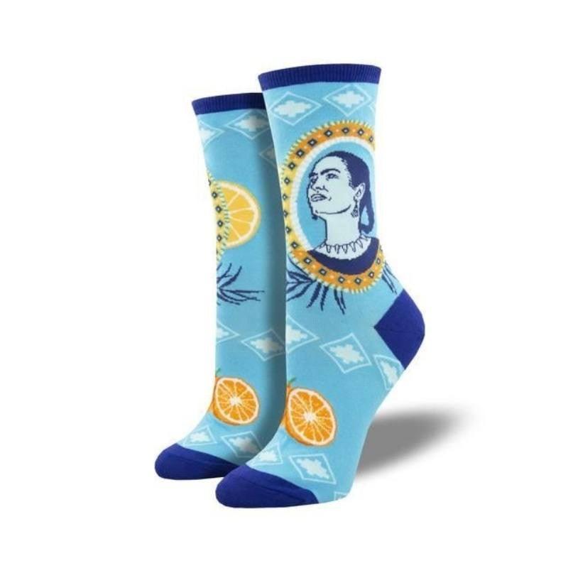 Frida and Oranges Women&#39;s Socks in blue - Bolt of Cloth - Socksmith